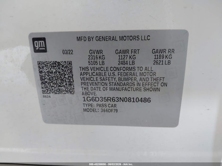 2022 Cadillac Ct5-V V-Series Blackwing VIN: 1G6D35R63N0810486 Lot: 45258856