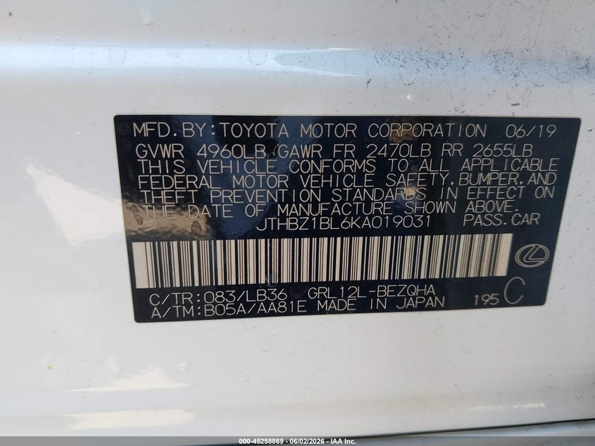 2019 Lexus Gs 350 F Sport VIN: JTHBZ1BL6KA019031 Lot: 45258869