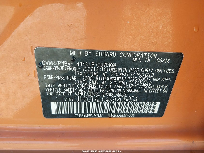 2019 Subaru Crosstrek 2.0I Premium VIN: JF2GTAEC4K8206054 Lot: 45258880
