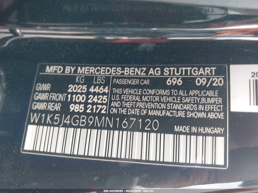 2021 Mercedes-Benz Cla 250 VIN: W1K5J4GB9MN167120 Lot: 45258899