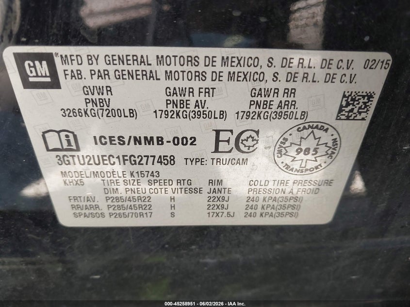 2015 GMC SIERRA TRUCK 5.3L V-8 DI, VVT, 355HP