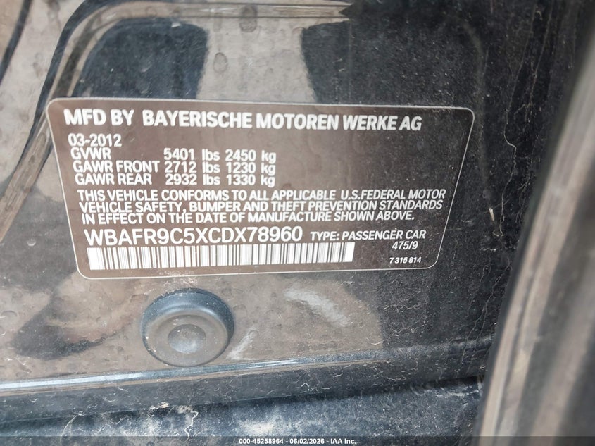 2012 BMW 550I VIN: WBAFR9C5XCDX78960 Lot: 45258964