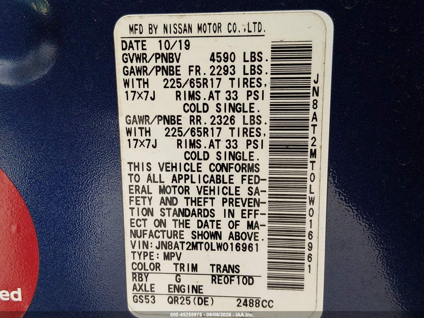 VIN JN8AT2MT0LW016961 2020 NISSAN ROGUE S FWD