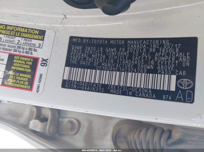 VIN 2T1BURHE1HC924269 2017 TOYOTA COROLLA L