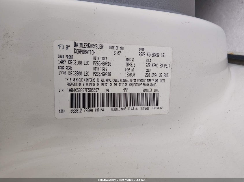 2007 Chrysler Aspen Limited VIN: 1A8HX58P67F585597 Lot: 45259025
