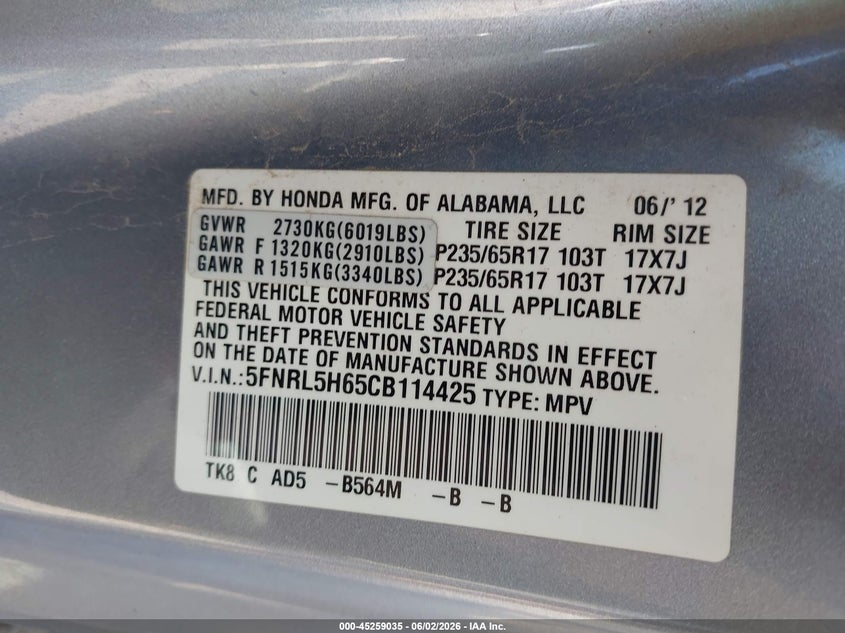 2012 Honda Odyssey Ex-L VIN: 5FNRL5H65CB114425 Lot: 45259035