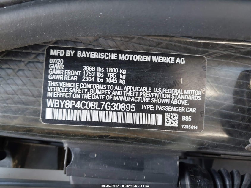 2020 BMW I3 120Ah W/Range Extender VIN: WBY8P4C08L7G30895 Lot: 45259051