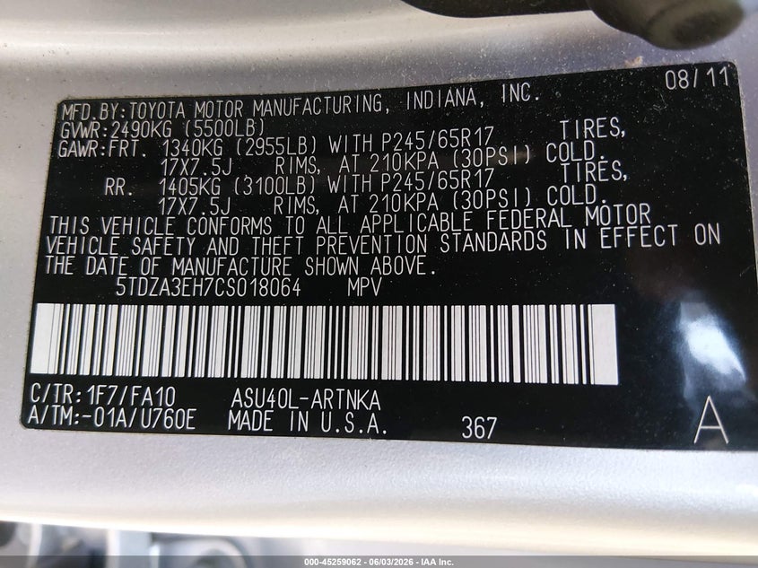 2012 Toyota Highlander 2.7 grey Lot 111045259062 Vin 5TDZA3EH7CS018064