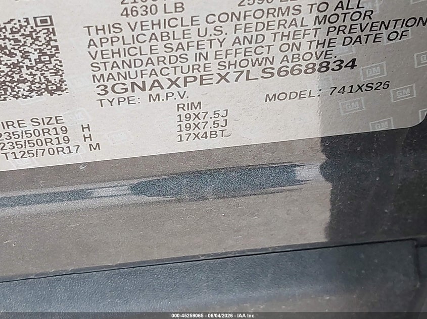 2020 Chevrolet Equinox Fwd Premier 2.0L Turbo VIN: 3GNAXPEX7LS668834 Lot: 45259065