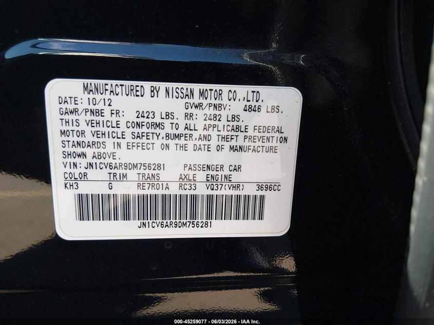2013 Infiniti G37X VIN: JN1CV6AR9DM756281 Lot: 45259077
