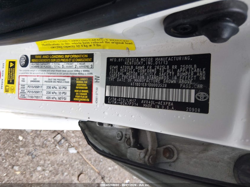 2013 Toyota Avalon Hybrid Limited VIN: 4T1BD1EB1DU003528 Lot: 45259080