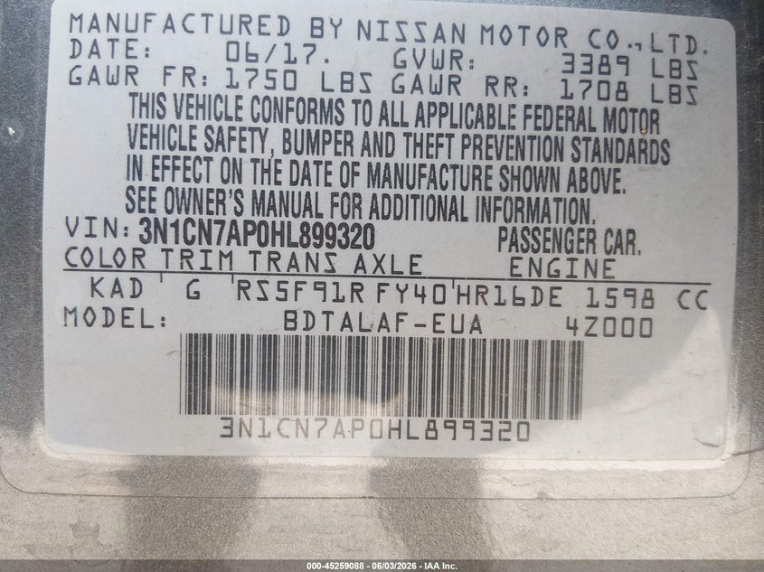 2017 Nissan Versa 1.6 S VIN: 3N1CN7AP0HL899320 Lot: 45259088