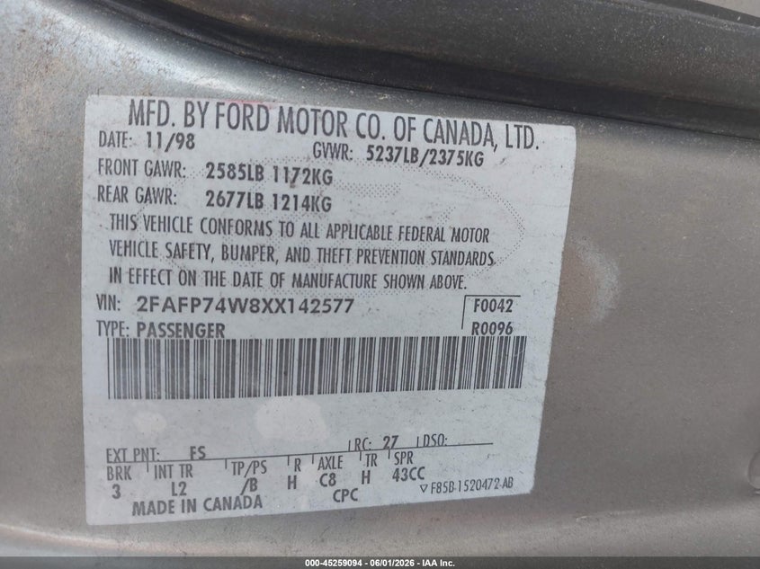 1999 Ford Crown Victoria Lx VIN: 2FAFP74W8XX142577 Lot: 45259094