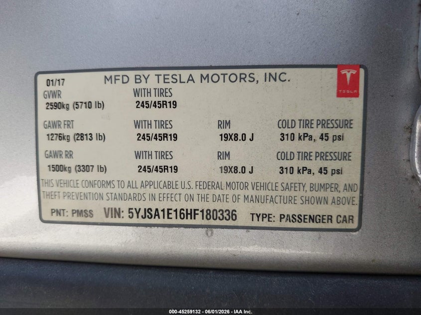 2017 Tesla Model S 60/75 VIN: 5YJSA1E16HF180336 Lot: 45259132