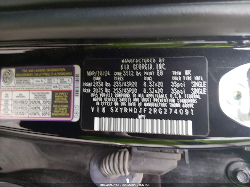 2024 KIA SORENTO 2.5L I-4 DI, DOHC, V(VIN: 5XYRHDJF2RG274091