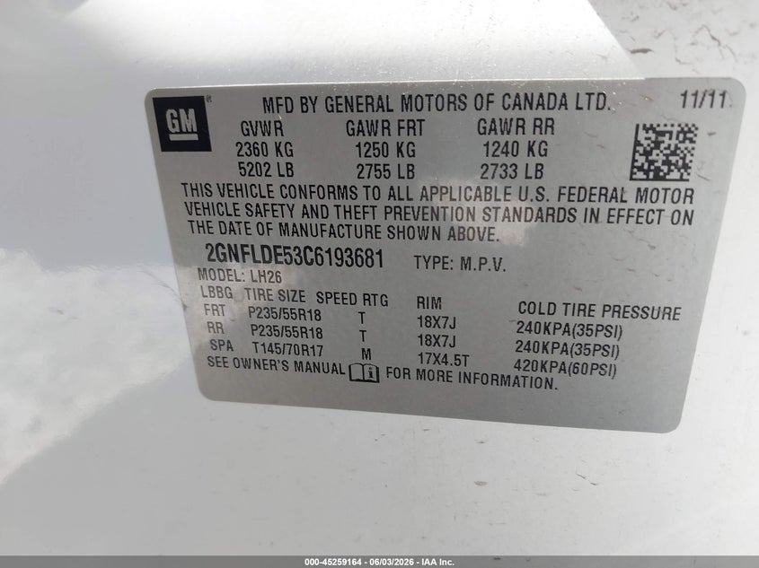 2012 Chevrolet Equinox 3.0 1Lt white Lot 111045259164 Vin 2GNFLDE53C6193681