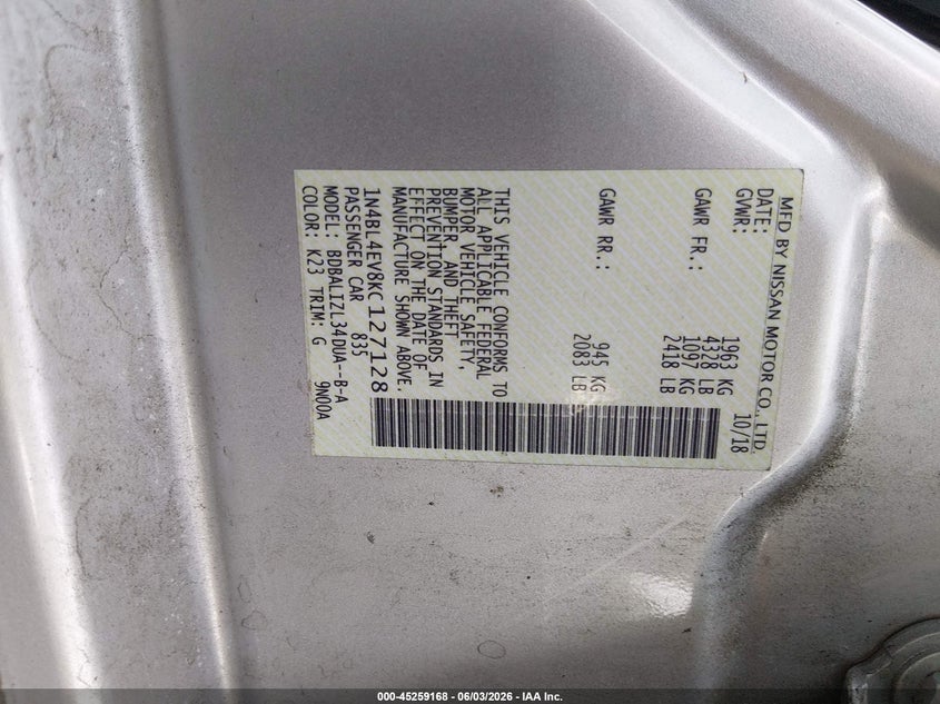 NISSAN ALTIMA 2019 VIN 1N4BL4EV8KC127128