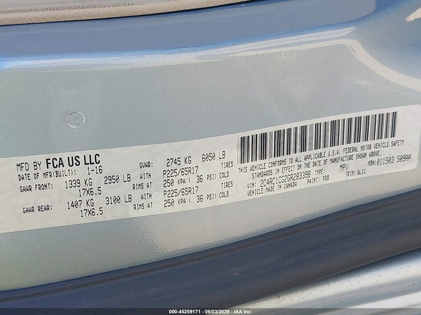 2016 Chrysler Town & Country Touring-L VIN: 2C4RC1CG2GR283398 Lot: 45259171