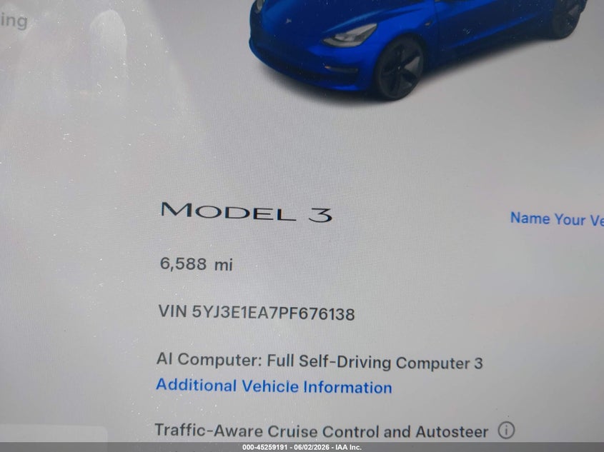 2023 Tesla Model 3 Rear-Wheel Drive VIN: 5YJ3E1EA7PF676138 Lot: 45259191