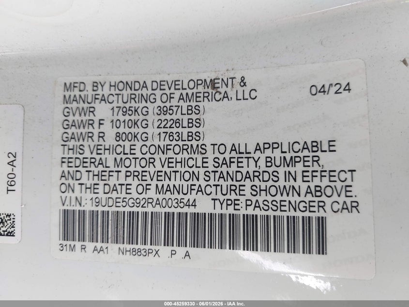 2024 Acura Integra Type S VIN: 19UDE5G92RA003544 Lot: 45259330