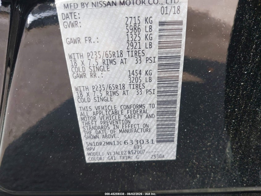 2018 Nissan Pathfinder Sv VIN: 5N1DR2MN1JC633031 Lot: 45259338