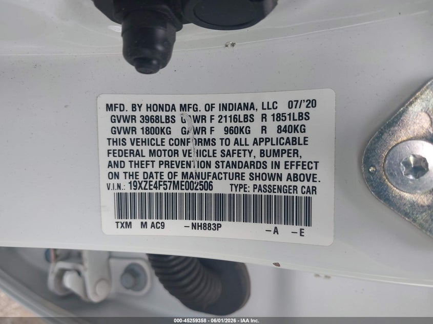 2021 Honda Insight Ex VIN: 19XZE4F57ME002506 Lot: 45259358