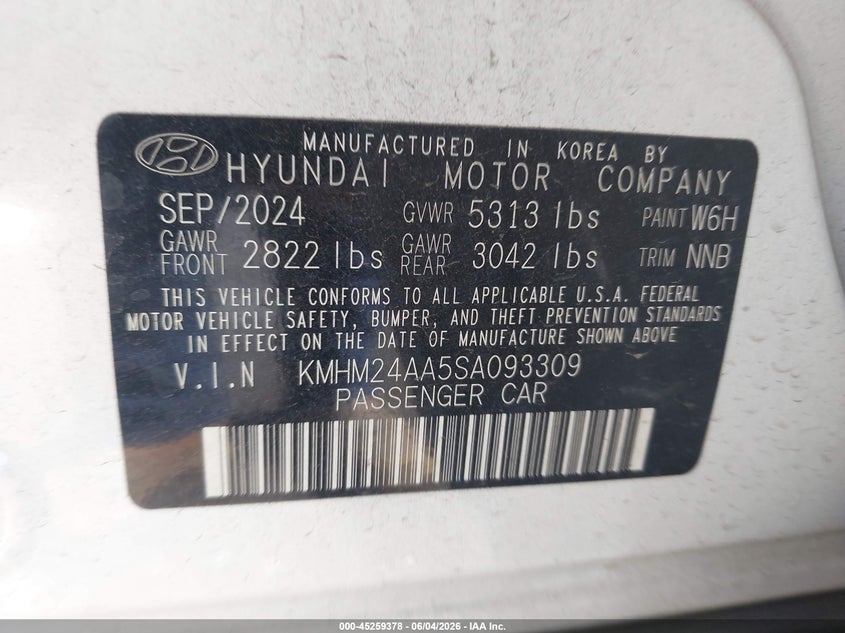 2025 Hyundai Ioniq 6 Se VIN: KMHM24AA5SA093309 Lot: 45259378