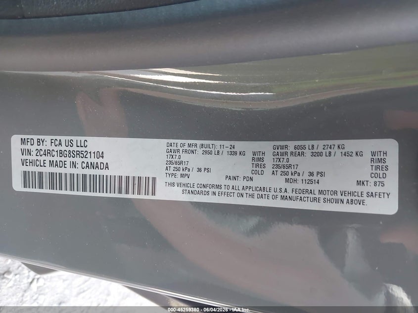 2025 Chrysler Pacifica Select VIN: 2C4RC1BG8SR521104 Lot: 45259380
