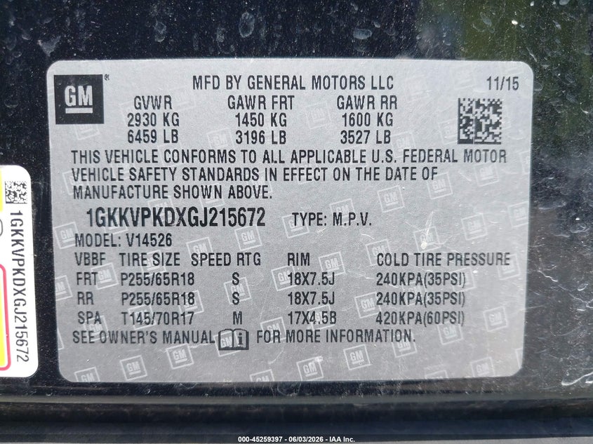 2016 GMC Acadia Sle-2 VIN: 1GKKVPKDXGJ215672 Lot: 45259397