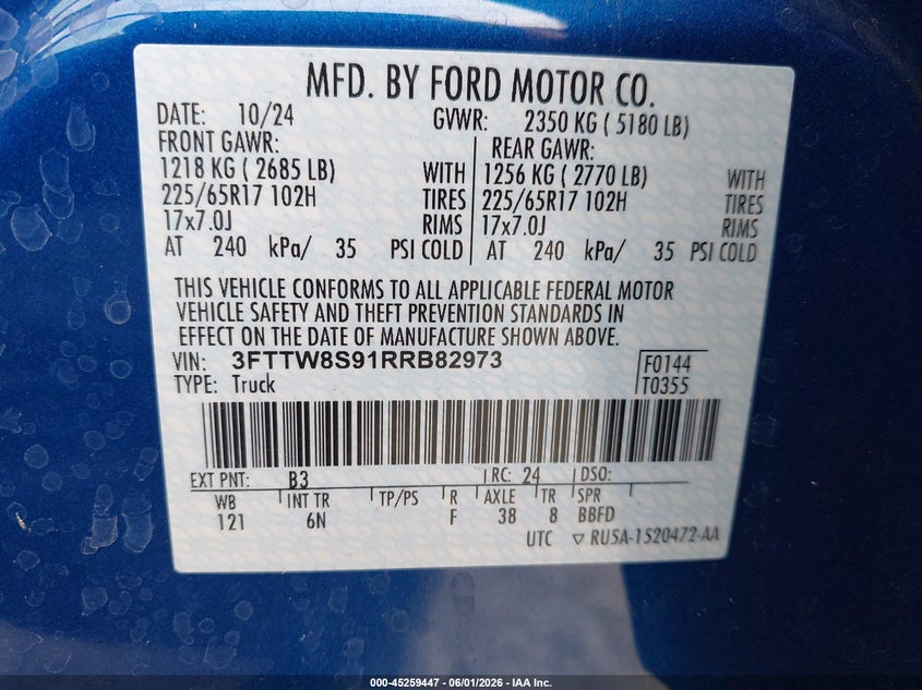 2024 Ford Maverick Lariat VIN: 3FTTW8S91RRB82973 Lot: 45259447