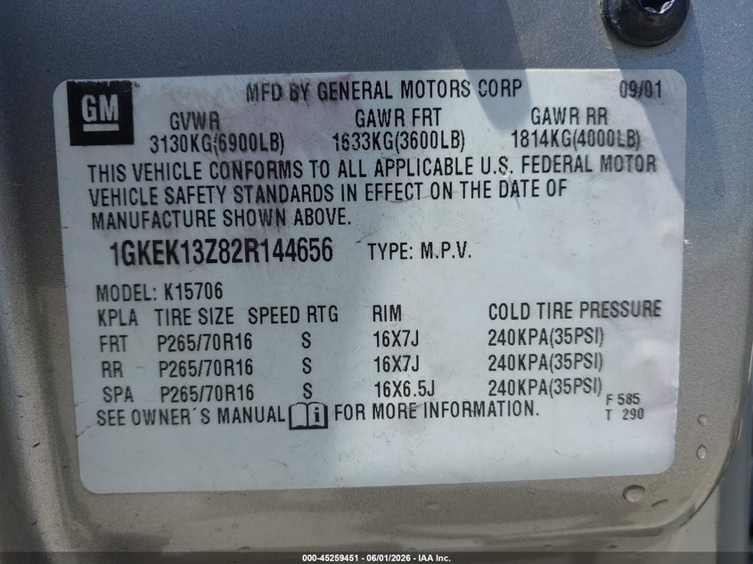 2002 GMC Yukon Slt VIN: 1GKEK13Z82R144656 Lot: 45259451