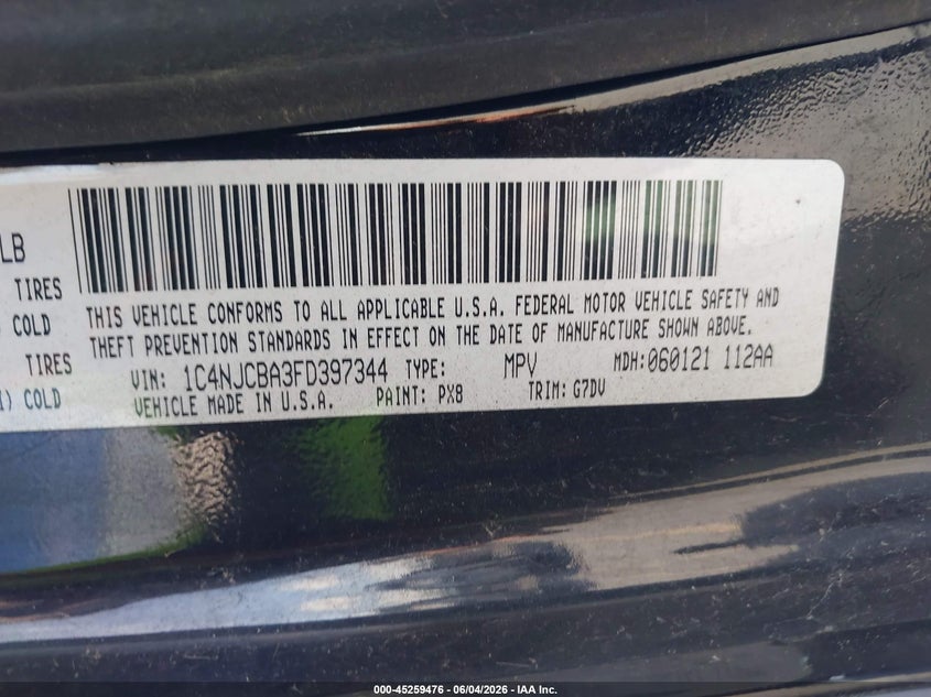 2015 Jeep Compass Altitude Edition VIN: 1C4NJCBA3FD397344 Lot: 45259476