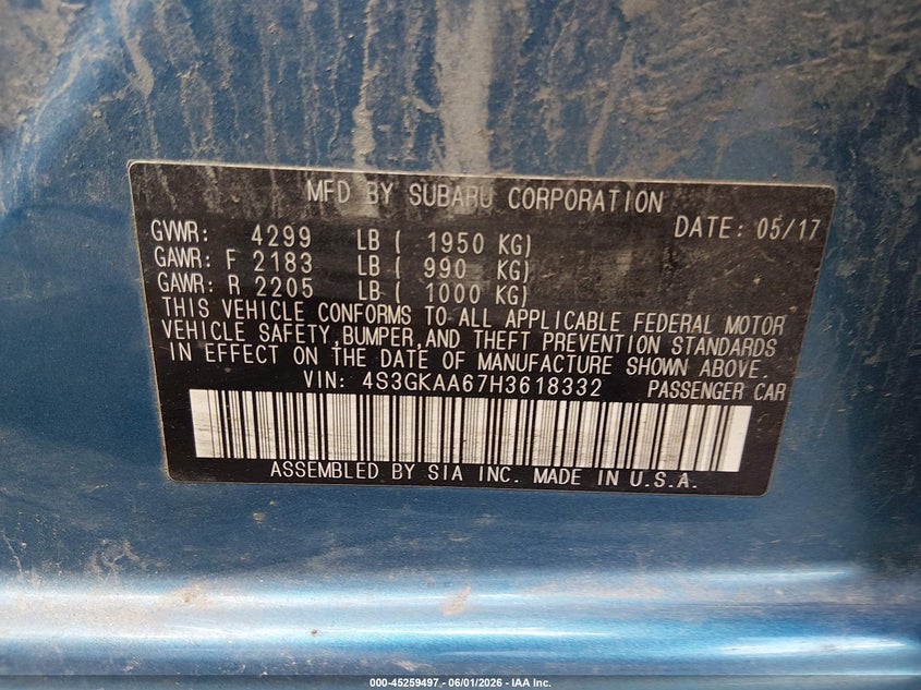 2017 Subaru Impreza 2.0I VIN: 4S3GKAA67H3618332 Lot: 45259497