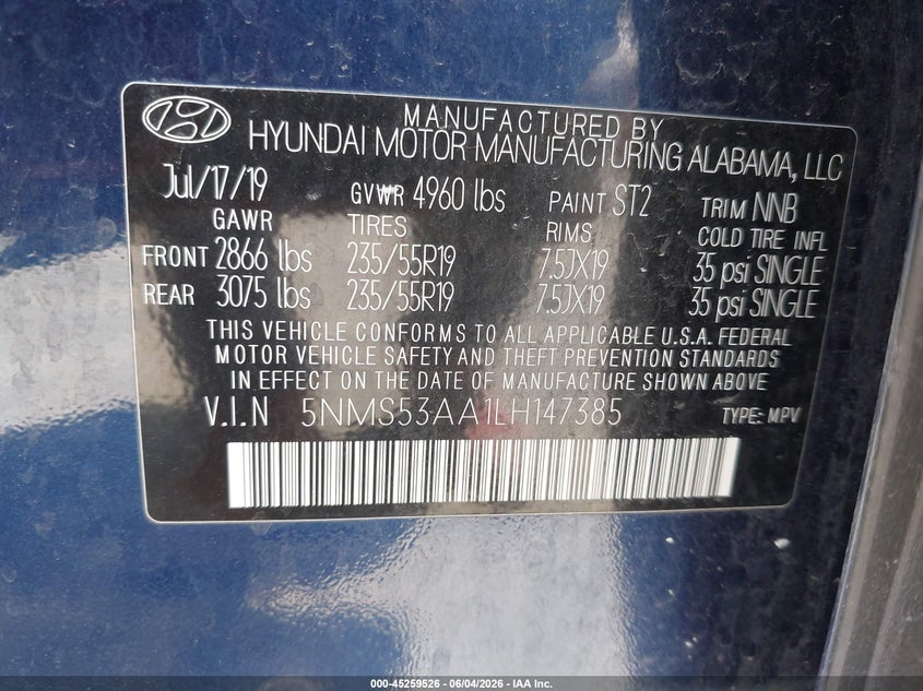 2020 Hyundai Santa Fe Limited 2.0T VIN: 5NMS53AA1LH147385 Lot: 45259526