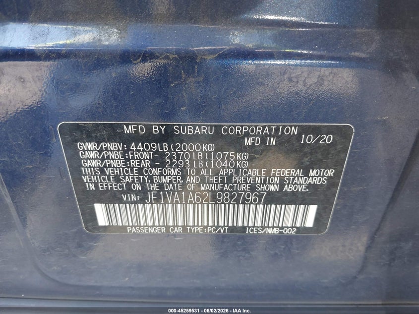 2020 Subaru Wrx VIN: JF1VA1A62L9827967 Lot: 45259531