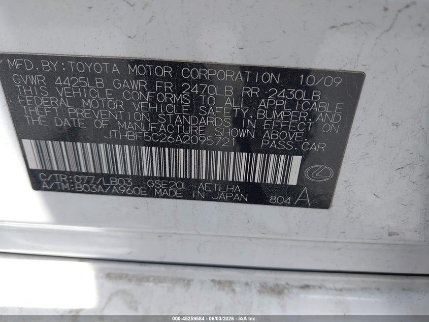 2010 Lexus Is 250 VIN: JTHBF5C26A2095721 Lot: 45259584