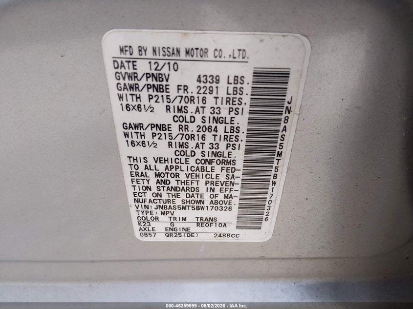 2011 Nissan Rogue S VIN: JN8AS5MT5BW170326 Lot: 45259599