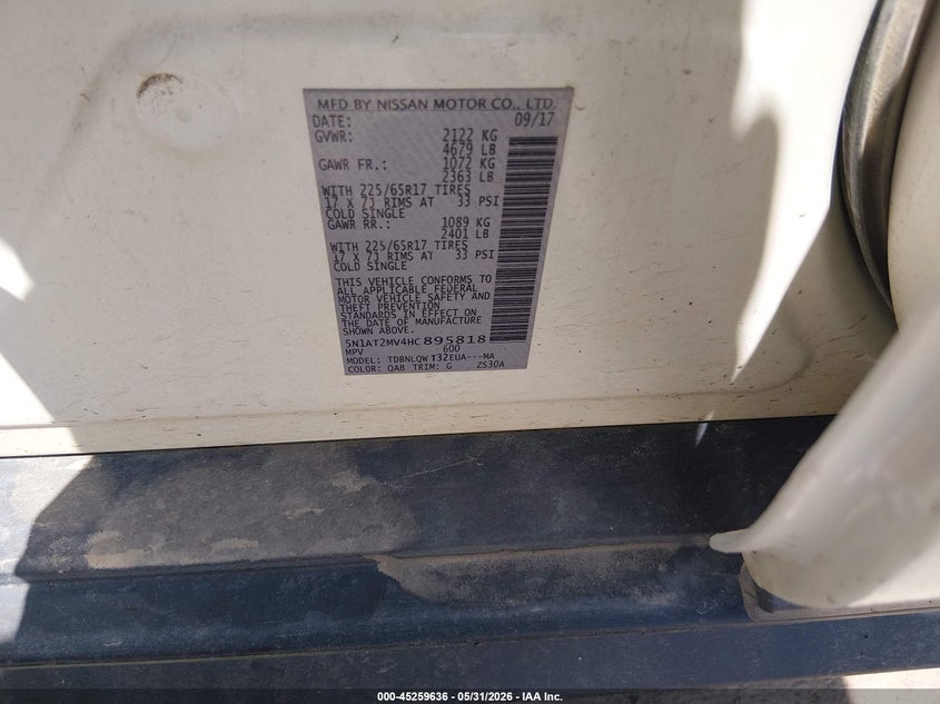VIN 5N1AT2MV4HC895818 2017 NISSAN ROGUE SV