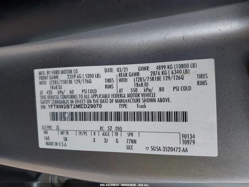 2021 Ford F-250 Lariat VIN: 1FT8W2BT2MED29070 Lot: 45259634
