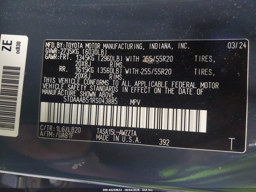 2024 Toyota Grand Highlander Platinum VIN: 5TDAAAB51RS043885 Lot: 45259632