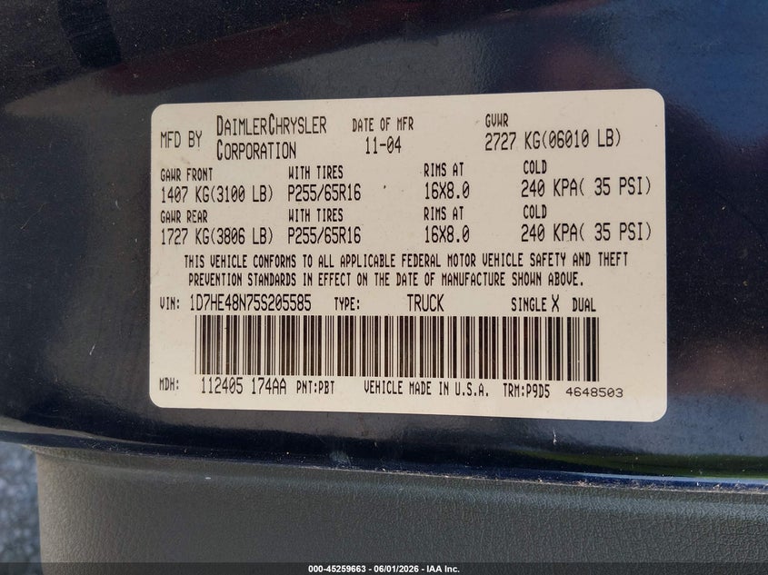 2005 Dodge Dakota Slt VIN: 1D7HE48N75S205585 Lot: 45259663