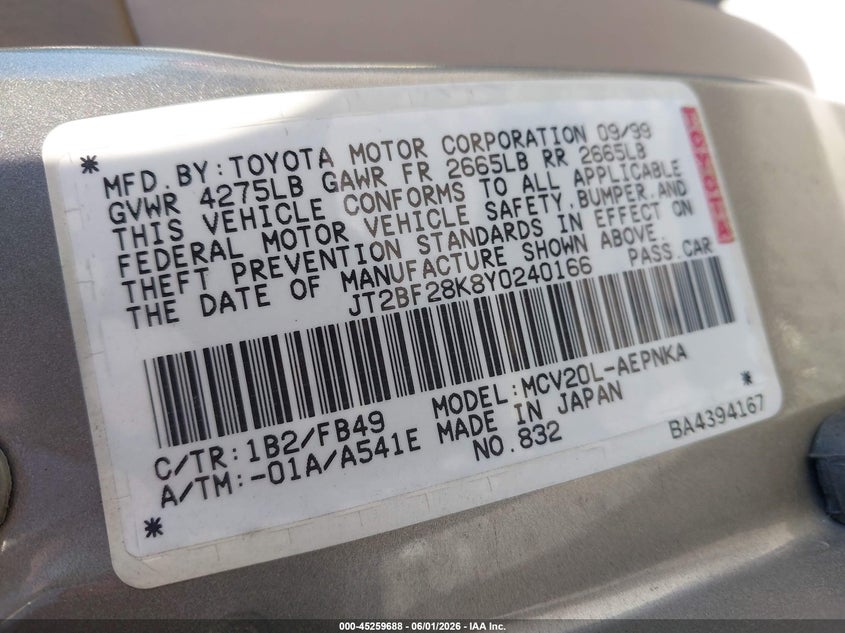 2000 Toyota Camry Le V6 VIN: JT2BF28K8Y0240166 Lot: 45259688