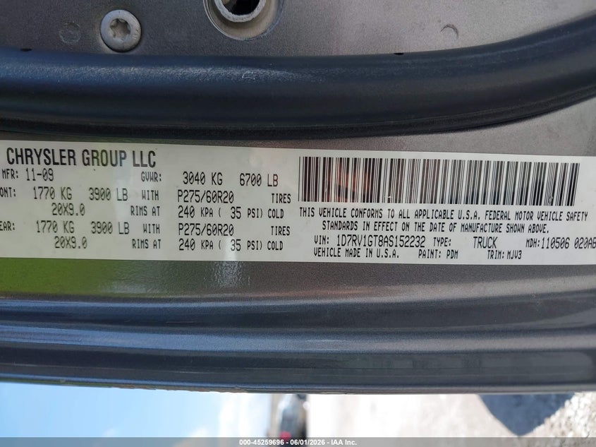 2010 DODGE RAM TRUCK 5.7L V-8 VVT, 390HP