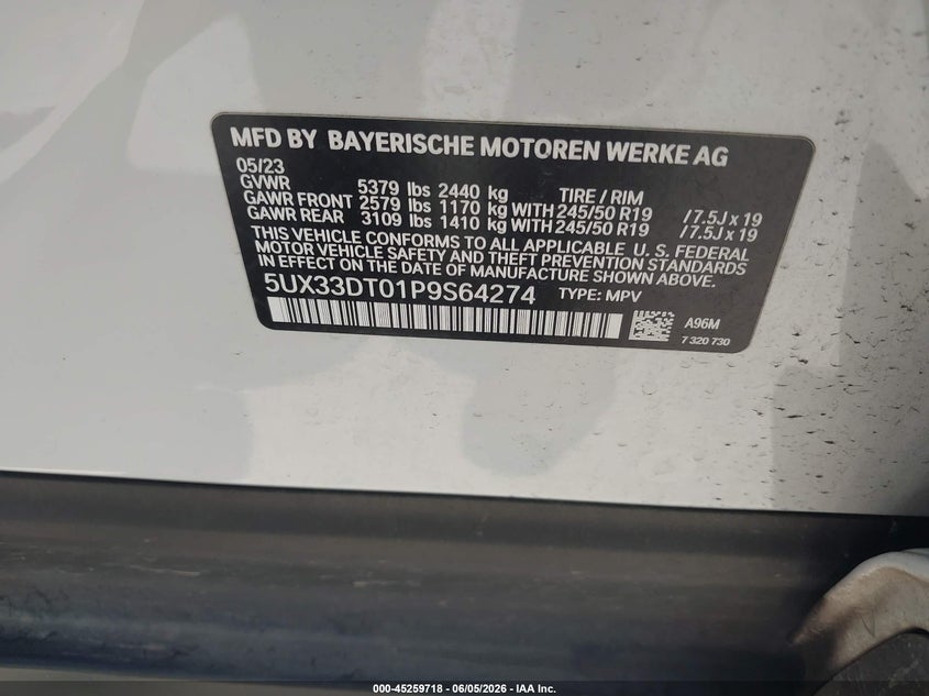 2023 BMW X4 xDrive30I VIN: 5UX33DT01P9S64274 Lot: 45259718