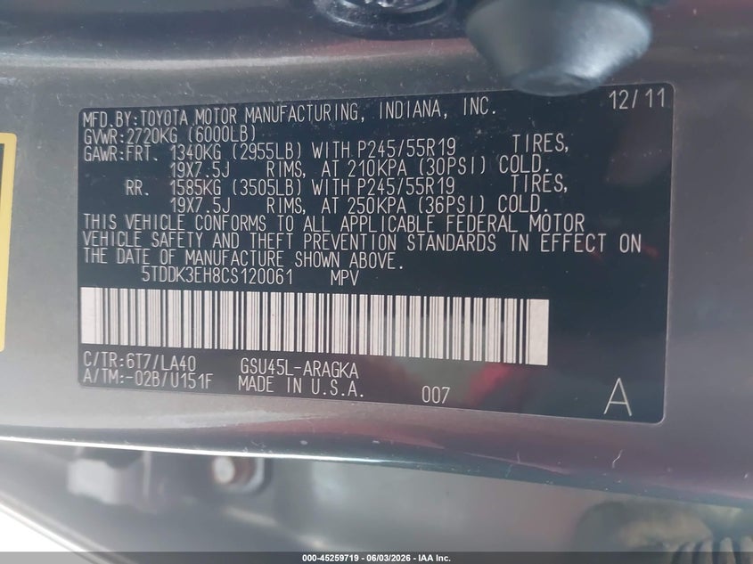 2012 Toyota Highlander Limited V6 VIN: 5TDDK3EH8CS120061 Lot: 45259719