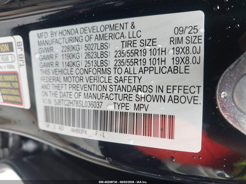 2025 Acura Rdx Advance VIN: 5J8TC2H78SL036037 Lot: 45259730