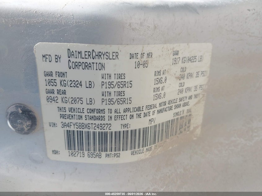2006 Chrysler Pt Cruiser Touring VIN: 3A4FY58BX6T249272 Lot: 45259735