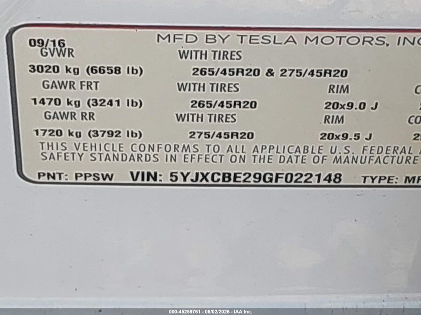 TESLA MODEL X 2016 VIN 5YJXCBE29GF022148