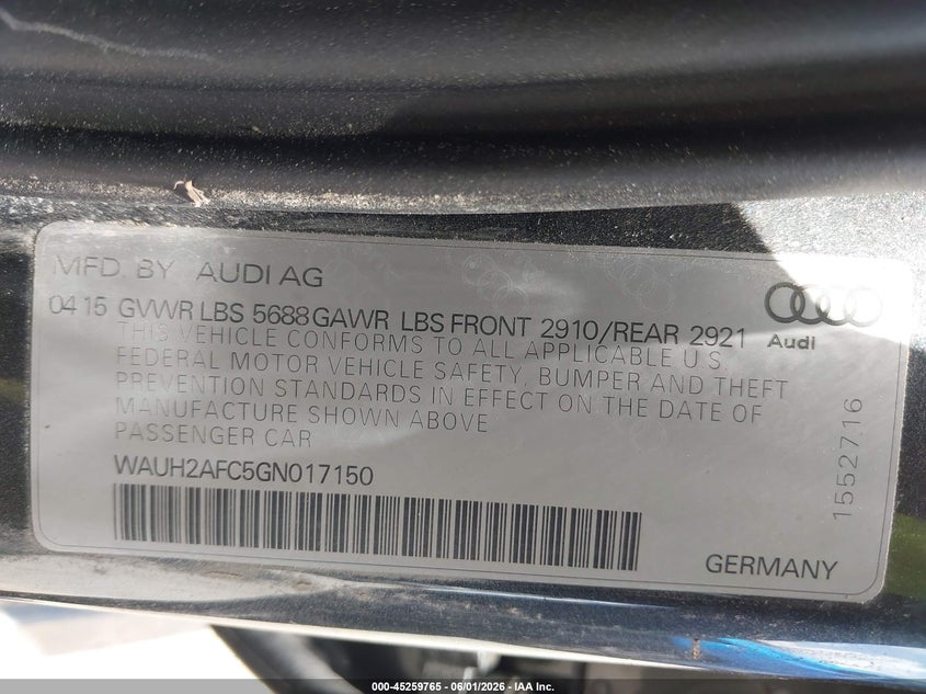 2016 Audi S6 4.0T Premium Plus VIN: WAUH2AFC5GN017150 Lot: 45259765
