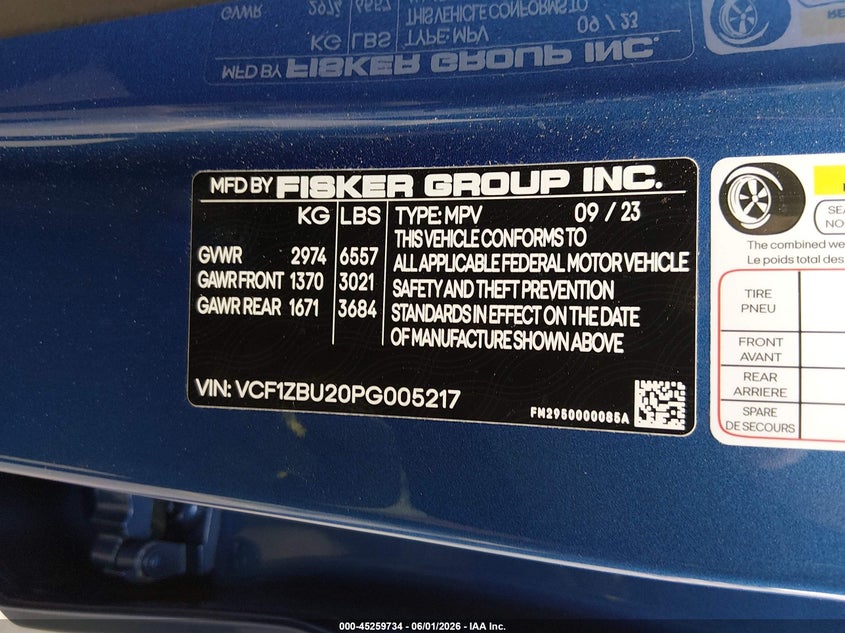 2023 Fisker Ocean One VIN: VCF1ZBU20PG005217 Lot: 45259734